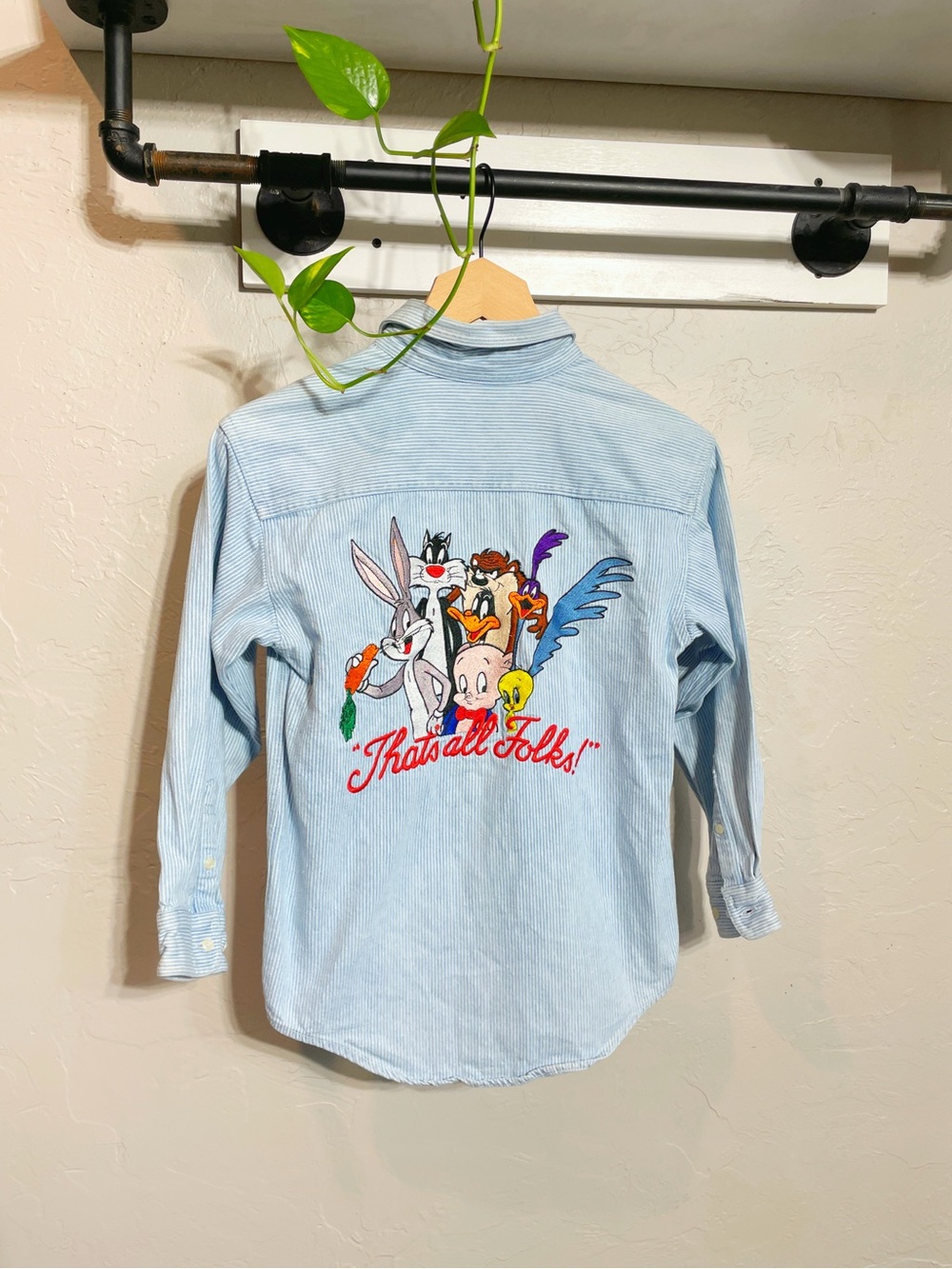 Vintage 90s Looney Tunes Button-Down Shirt for Boys, Size M, Pinstripe